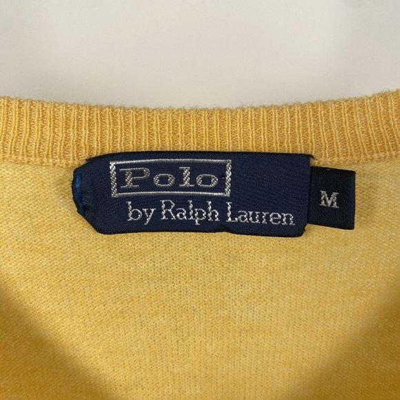 Polo Ralph Lauren 100% Merino Wool Jumper V-Neck Sweater Yellow Medium - Picture 7 of 14
